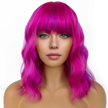 Perruque Bob Courte avec Frange LANCAINI couleur rose et violet vue de face