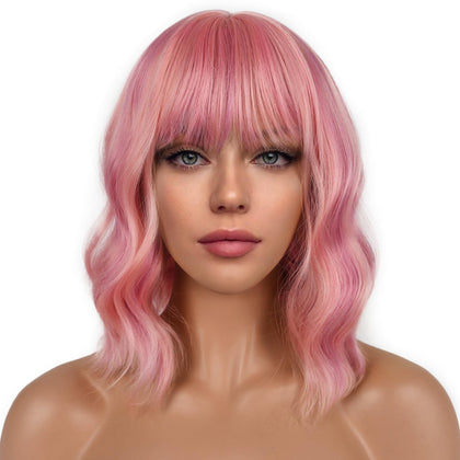 Perruque bob courte LANCAINI couleur rose avec frange avant