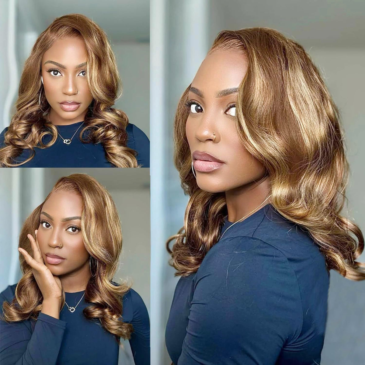 Perruque bob ombre blond miel Douyin vue avant avec dentelle transparente