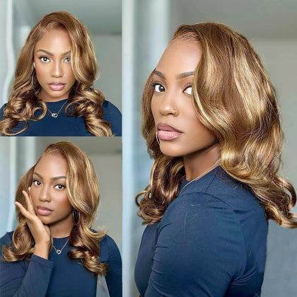 Perruque bob ombre blond miel Douyin vue avant avec dentelle transparente