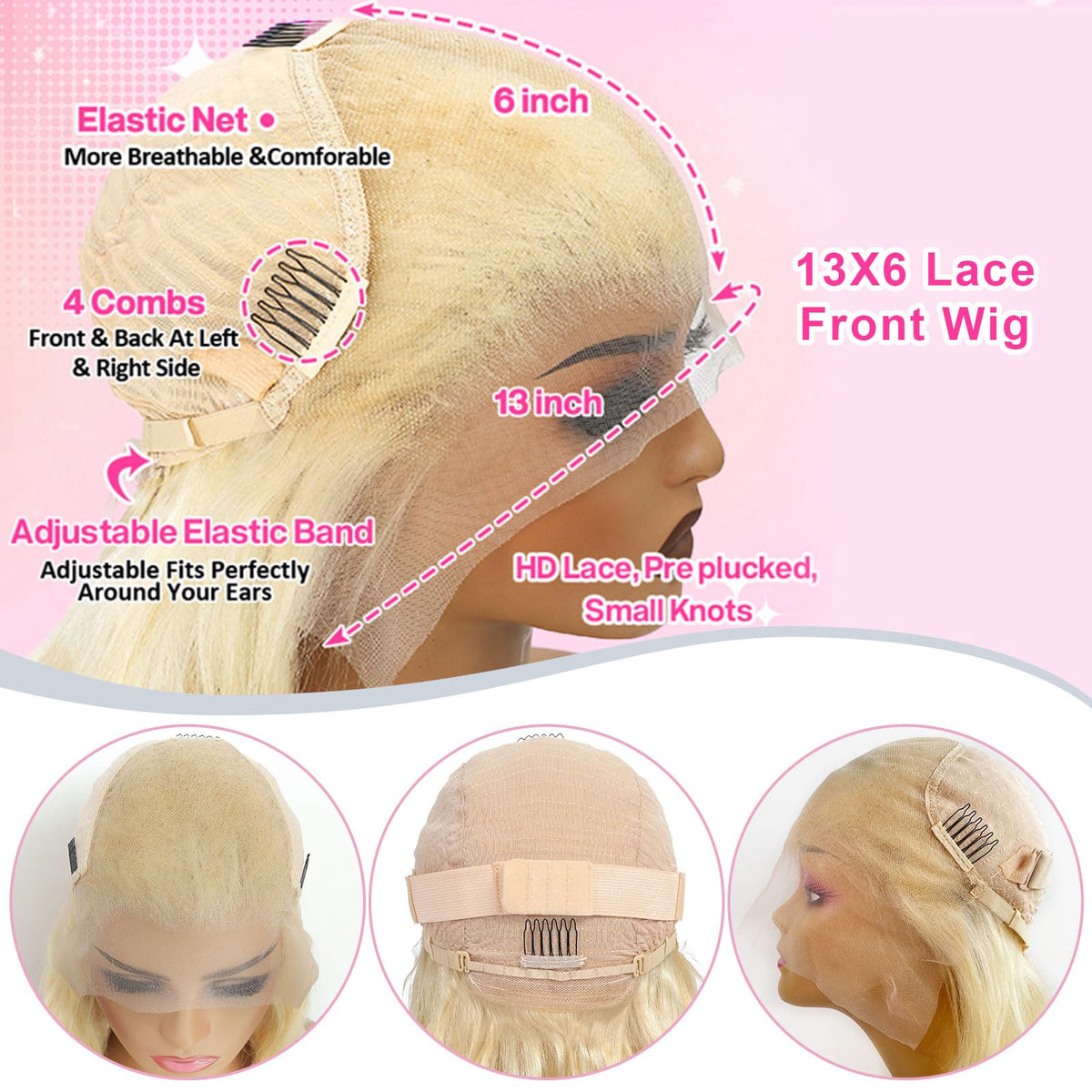 Perruque BOTNNS 613 blonde avec ajustements visibles