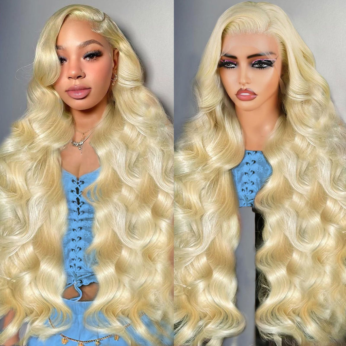 Perruque BOTNNS 613 blonde, vue de face, cheveux humains 28 pouces
