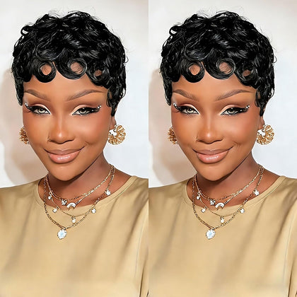 Perruque courte pixie VRZ en cheveux humains brésiliens, couleur noire
