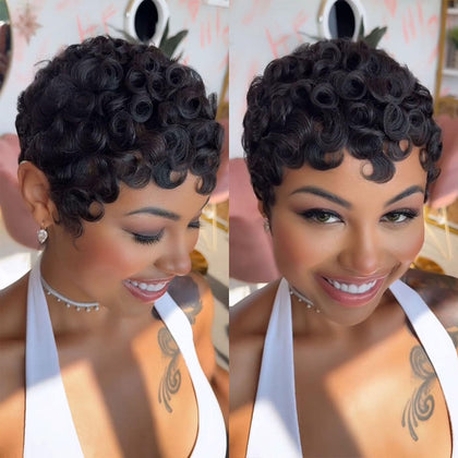 Perruque courte pixie VRZ en cheveux humains noire vue avant