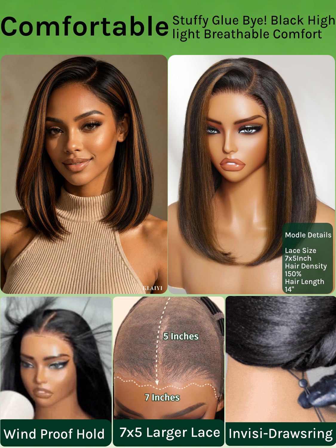 Perruque KLAIYI Bob Yaki Droite avec ombre brun doré