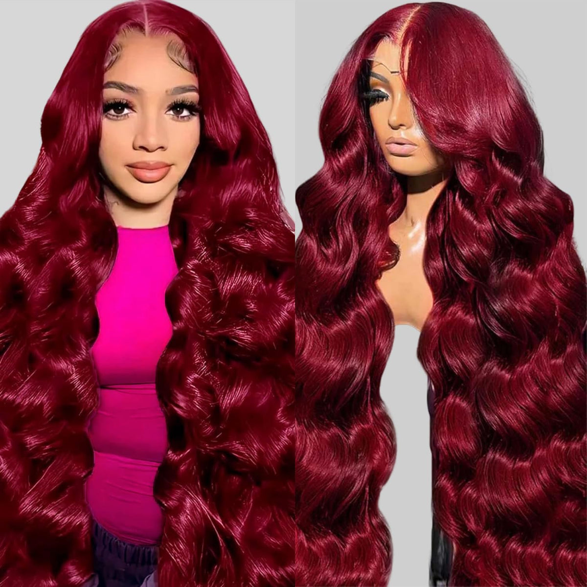 Perruque lace front Bordeaux 13x6 vue avant avec cheveux ondulés