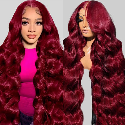 Perruque lace front Bordeaux 13x6 vue avant avec cheveux ondulés