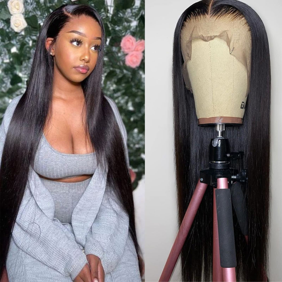 Perruque lace front droite bunGiol vue de face avec cheveux noirs