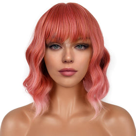 Perruque LANCAINI bob courte avec frange rose pastel vue de face