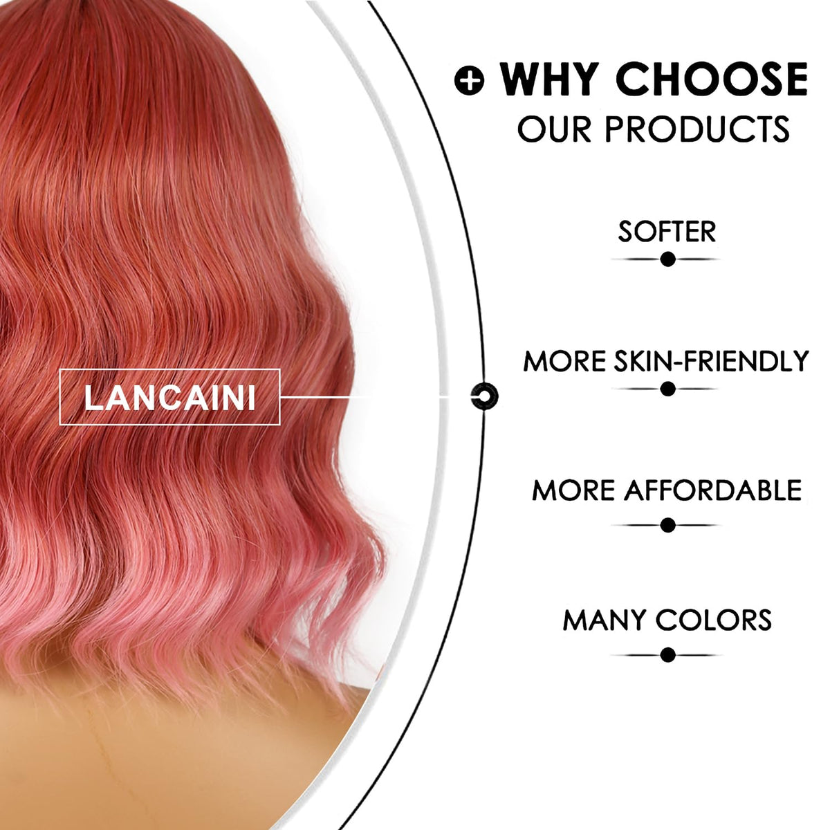 Perruque LANCAINI bob courte en rose pastel portées par un modèle