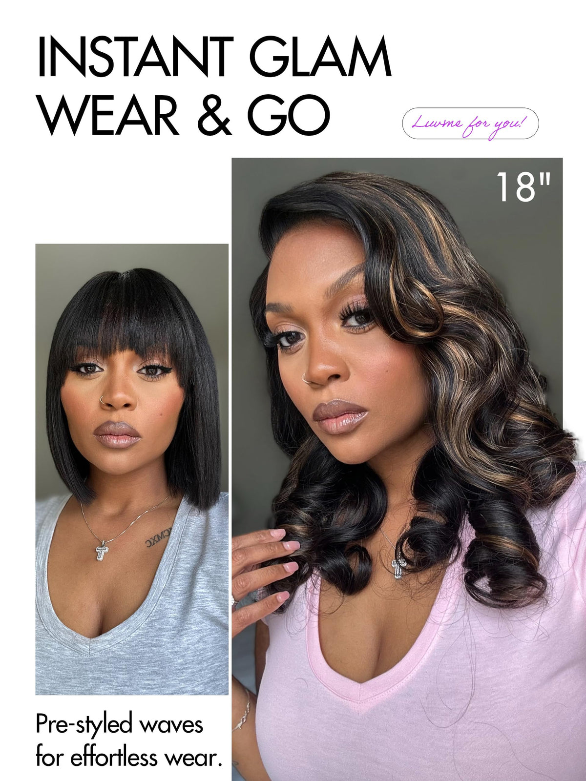 Perruque LUVME HAIR 12 pouces montrant la couleur dégradée