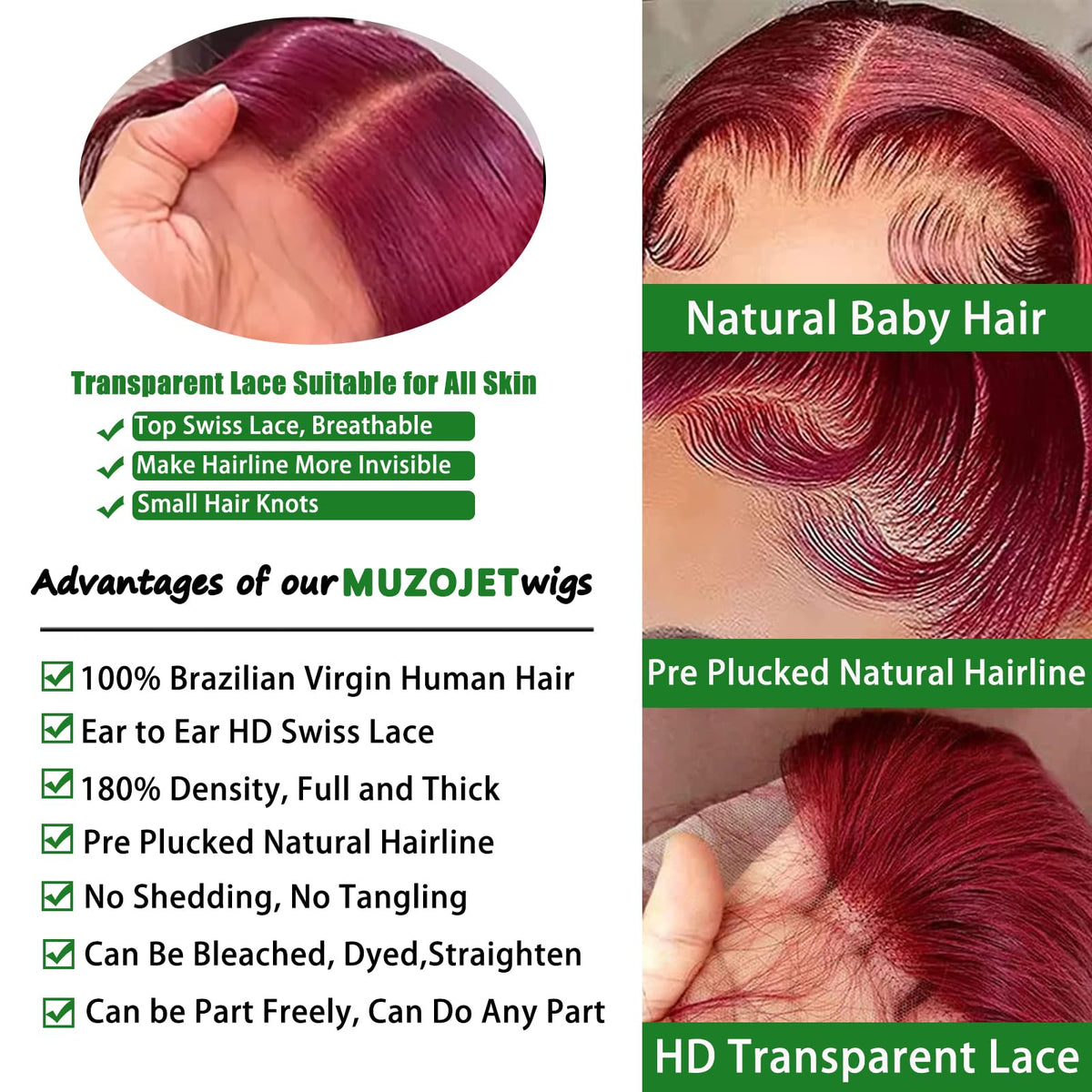 Perruque MUZOJET 180 densité rouge avec lace front
