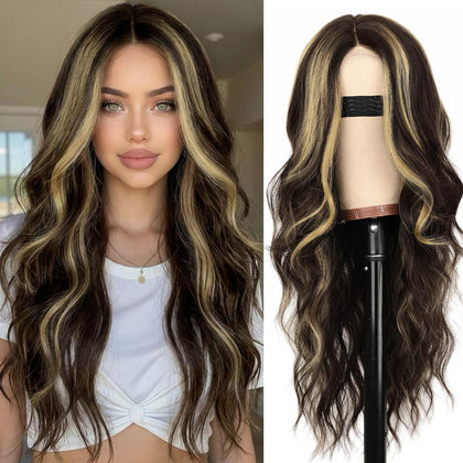 Perruque ondulée brun avec reflets blonds de AISI HAIR vue de face