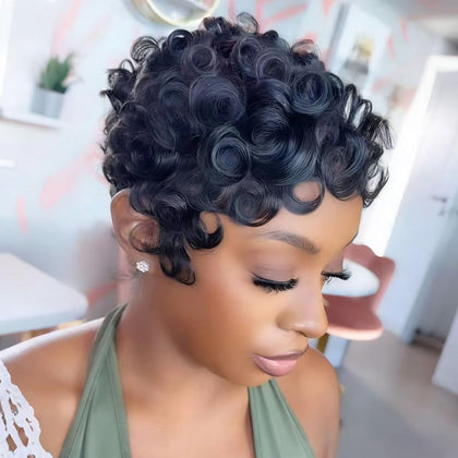 Perruque pixie cut VRZ en cheveux humains, couleur noire, vue de devant