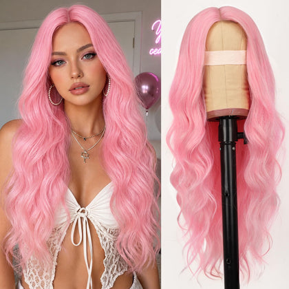 Perruque rose longue bouclée AISI HAIR vue de face
