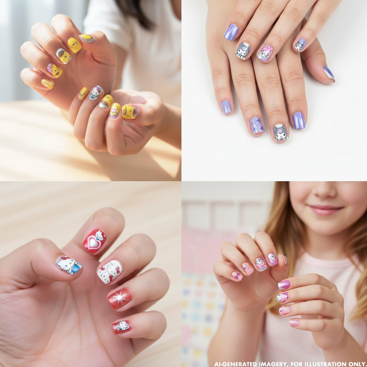 Petite fille appliquant des ongles press-on Hello Kitty