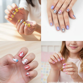 Petite fille appliquant des ongles press-on Hello Kitty