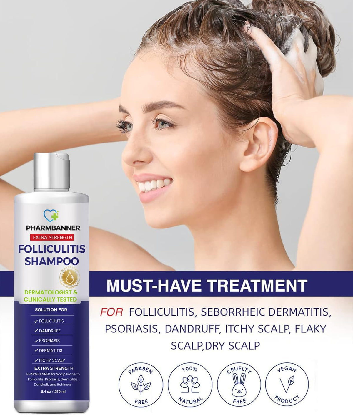 PHARMBANNER Shampooing Antifongique 281g et son application sur les cheveux