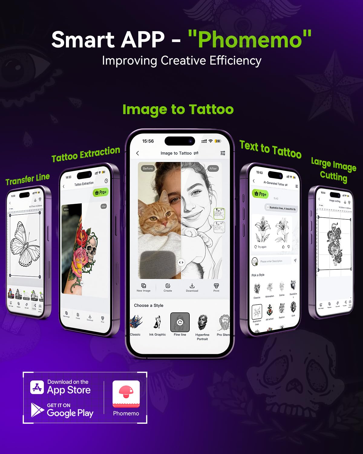 Phomemo M08F Plus imprimante à tatouage avec accessoires et feuilles de transfert