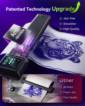 Phomemo M08F Plus imprimante à tatouage avec application ouverte sur un écran