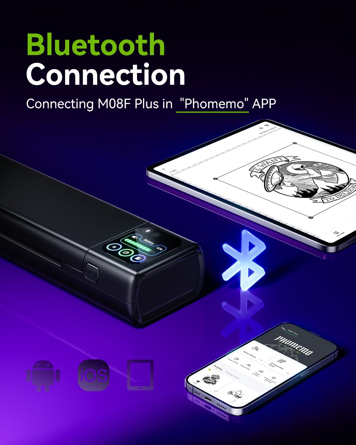 Phomemo M08F Plus imprimante à tatouage en utilisation avec un artiste