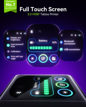 Phomemo M08F Plus imprimante à tatouage vue latérale avec bouton d'alimentation