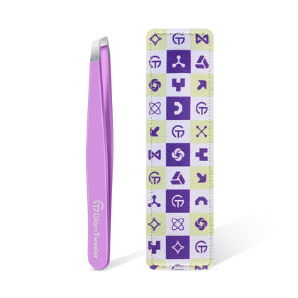 Pince à épiler GlamTweeler avec étui en cuir violet, vue de face