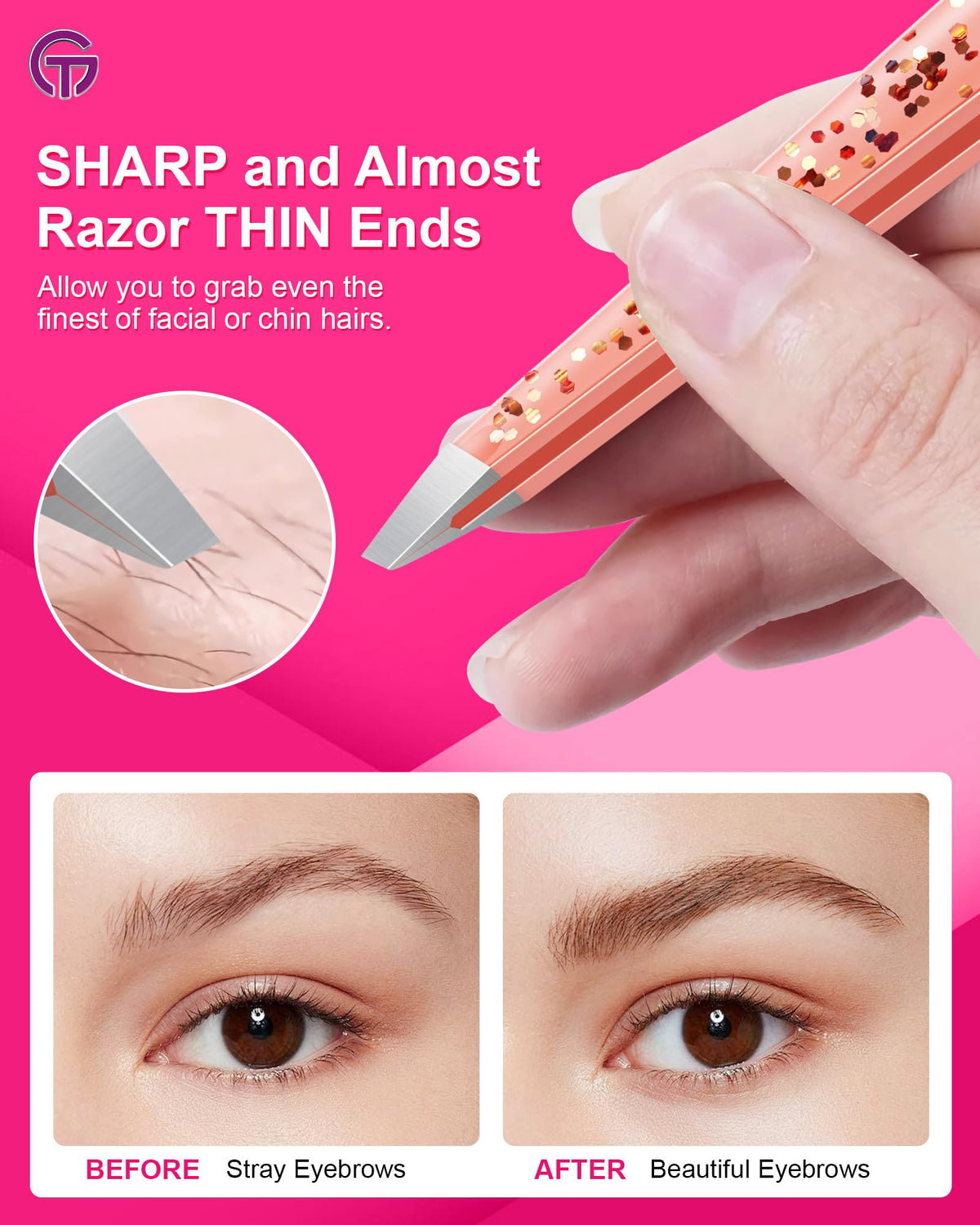 Pince à épiler GlamTweeler en rose doré avec fond blanc