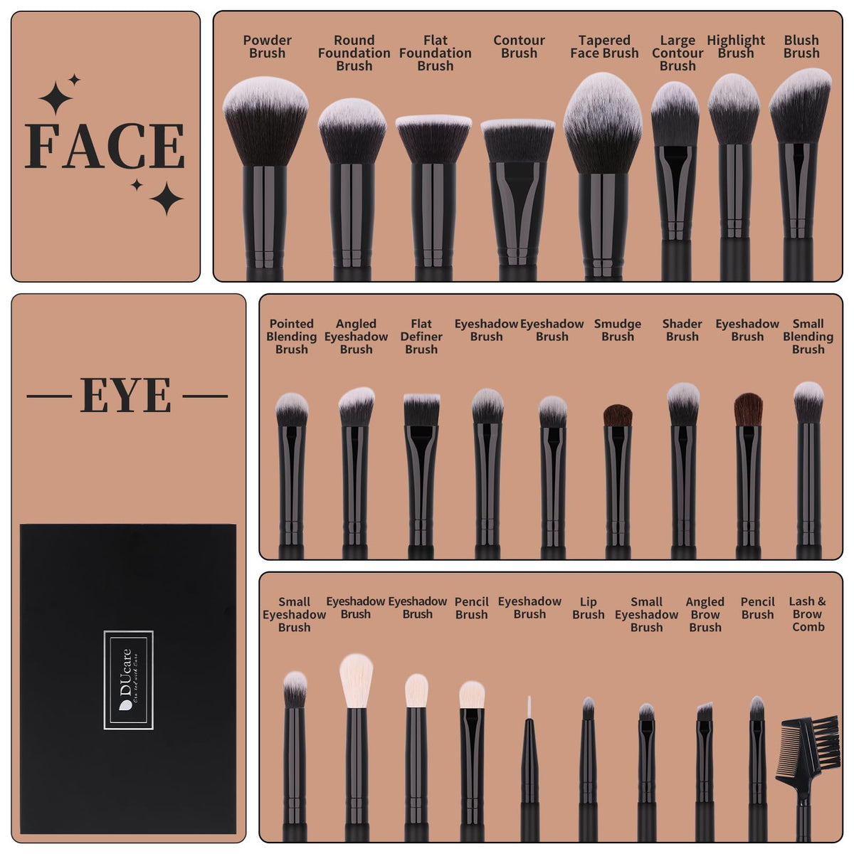 Pinceaux de maquillage DUcare avec poignées en bois noir