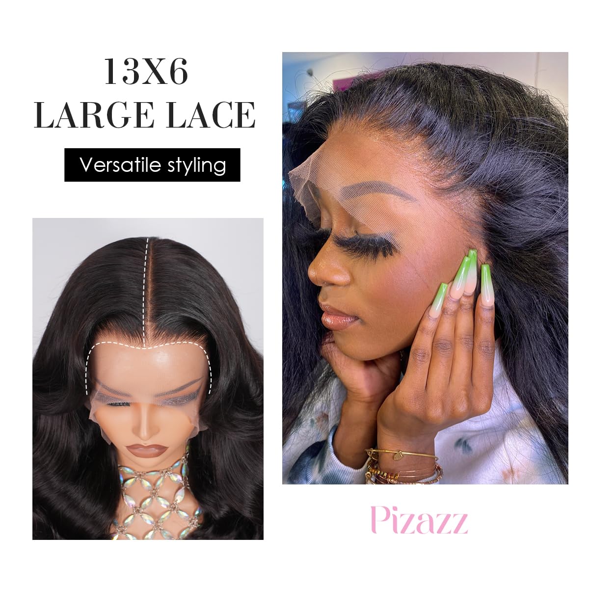 Pizazz perruque 13x6 en cheveux humains vue latérale