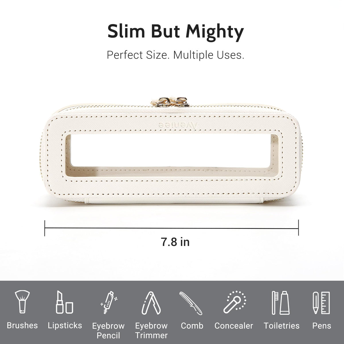 Pochette Aveniee dans un sac à main, montrant sa taille compacte