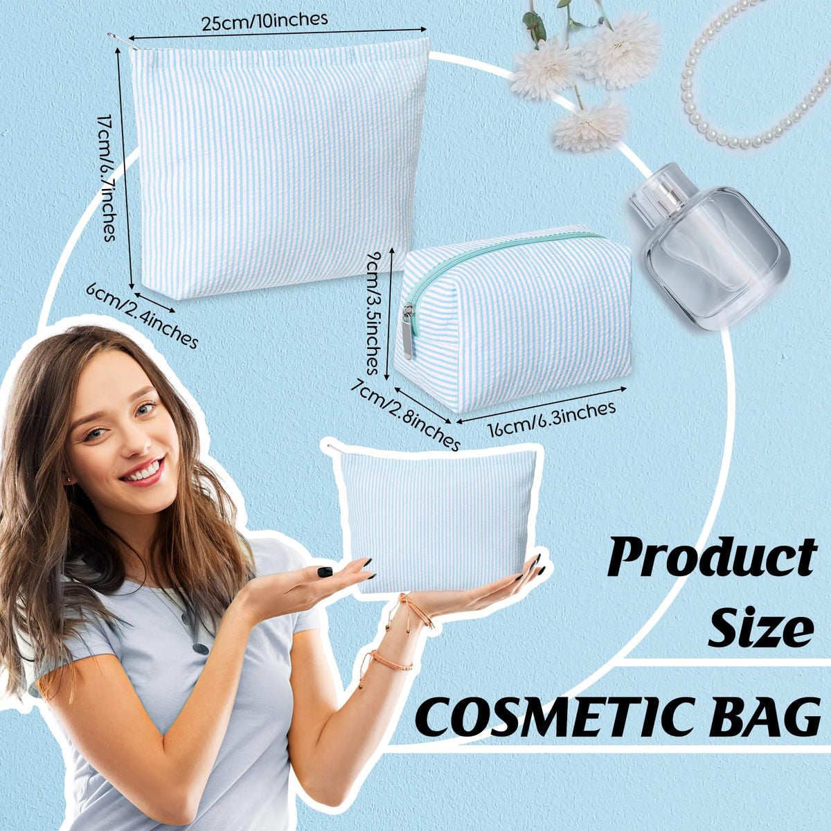 Pochette de maquillage Huhumy bleu clair avec design à rayures