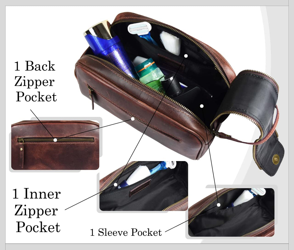 Poignée en cuir de la trousse de toilette AARON