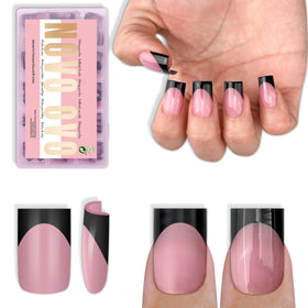 Pointes d'ongles pressés NOVO OVO couleur Berry Rose avec design French Tip noir