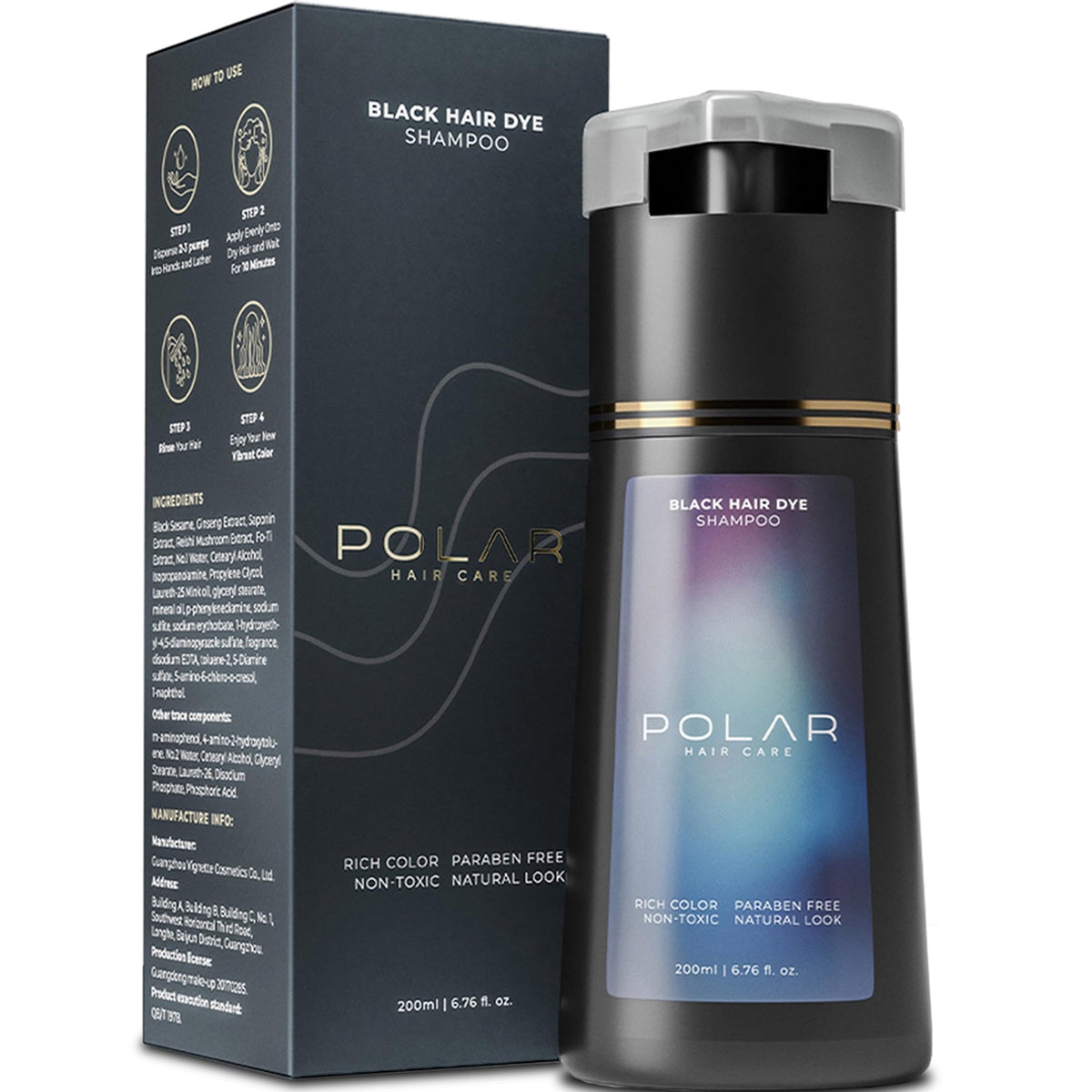 POLAR HAIR CARE Shampoo Teinture Cheveux Noir Ébène 290g vue de face