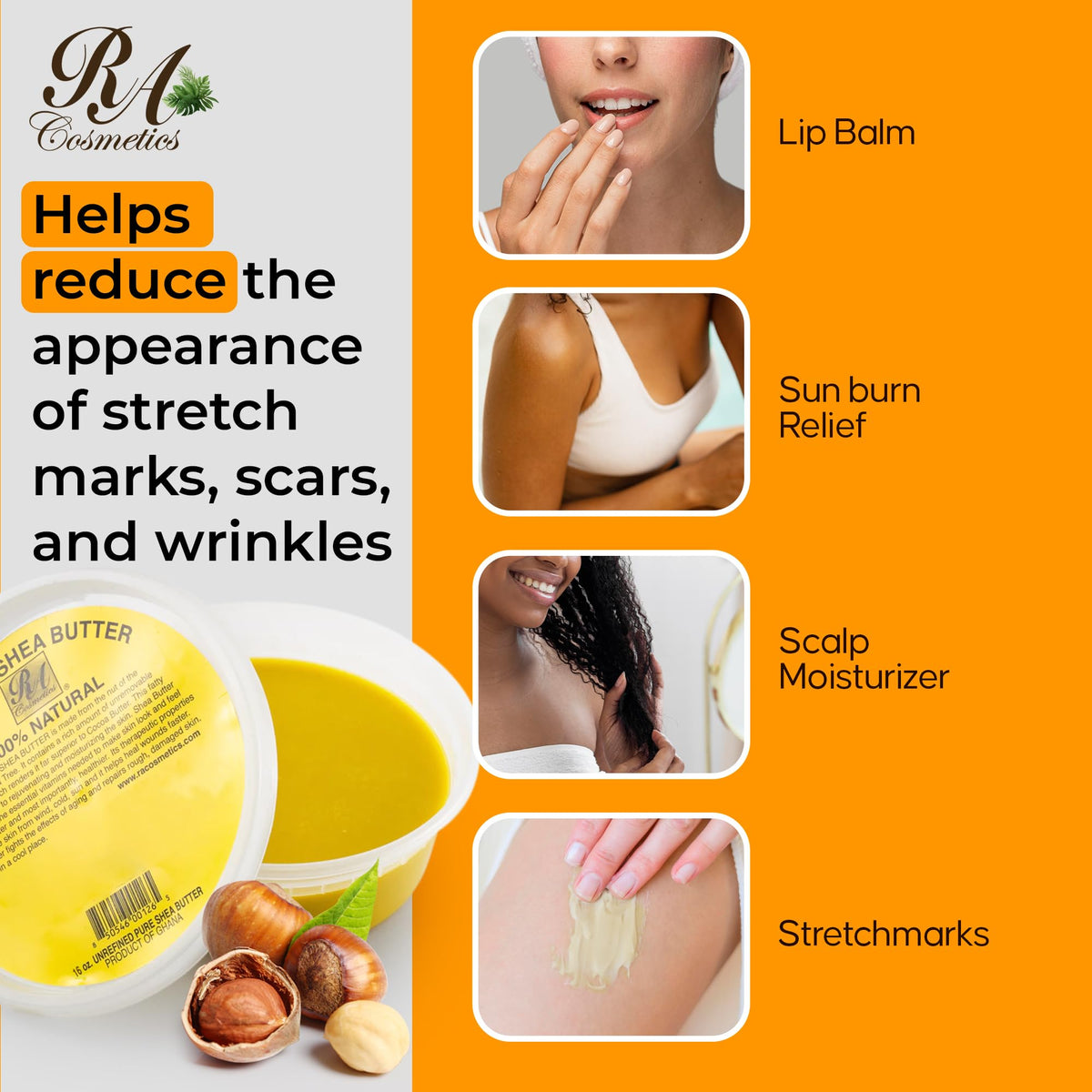 Pot de 408g de beurre de karité RA COSMETICS sur fond neutre