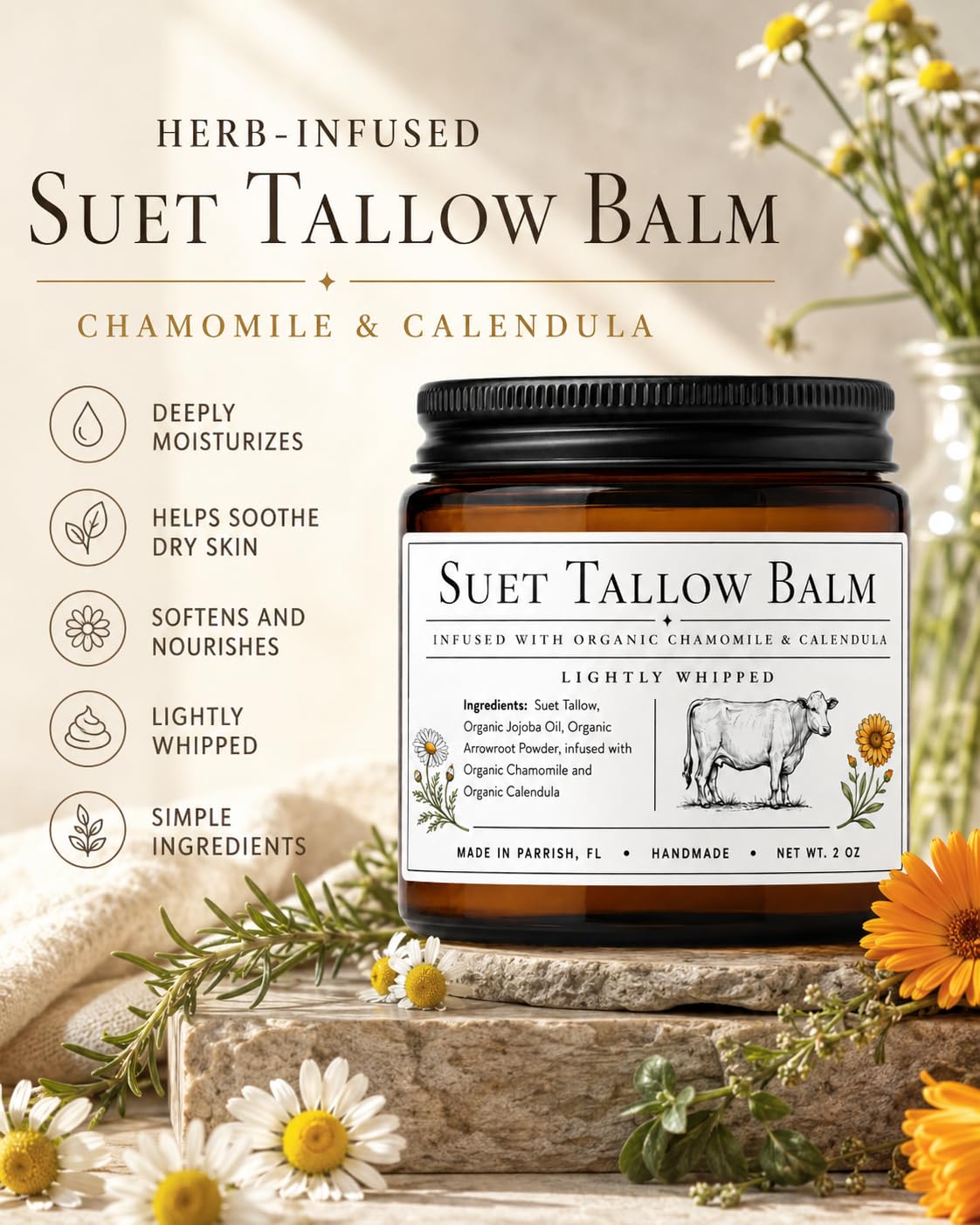 Pot de baume à tallow avec camomille et calendula en arrière-plan