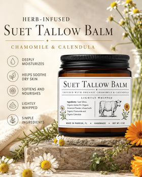 Pot de baume à tallow avec camomille et calendula en arrière-plan