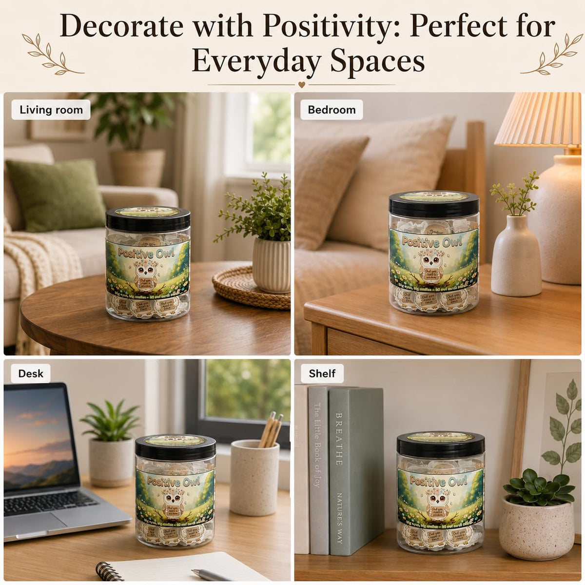 Pot hibou positif avec décorations de bureau