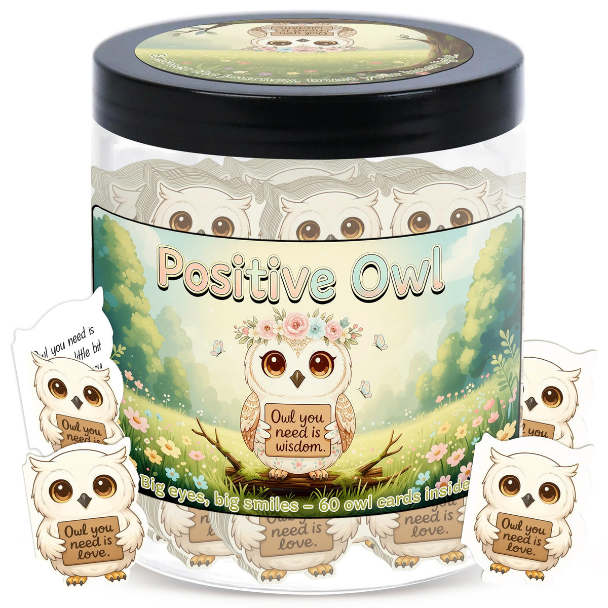 Pot hibou positif avec figurine de hibou et cartes d'affirmations