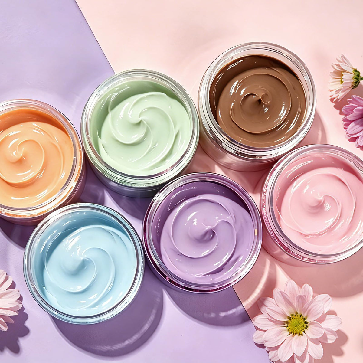 Pots en plastique 4 oz avec couvercles roses, vue de dessus