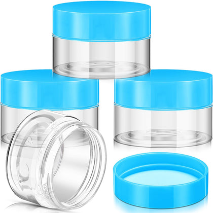 Pots en plastique Patelai 1 oz avec couvercles bleus, vue de face