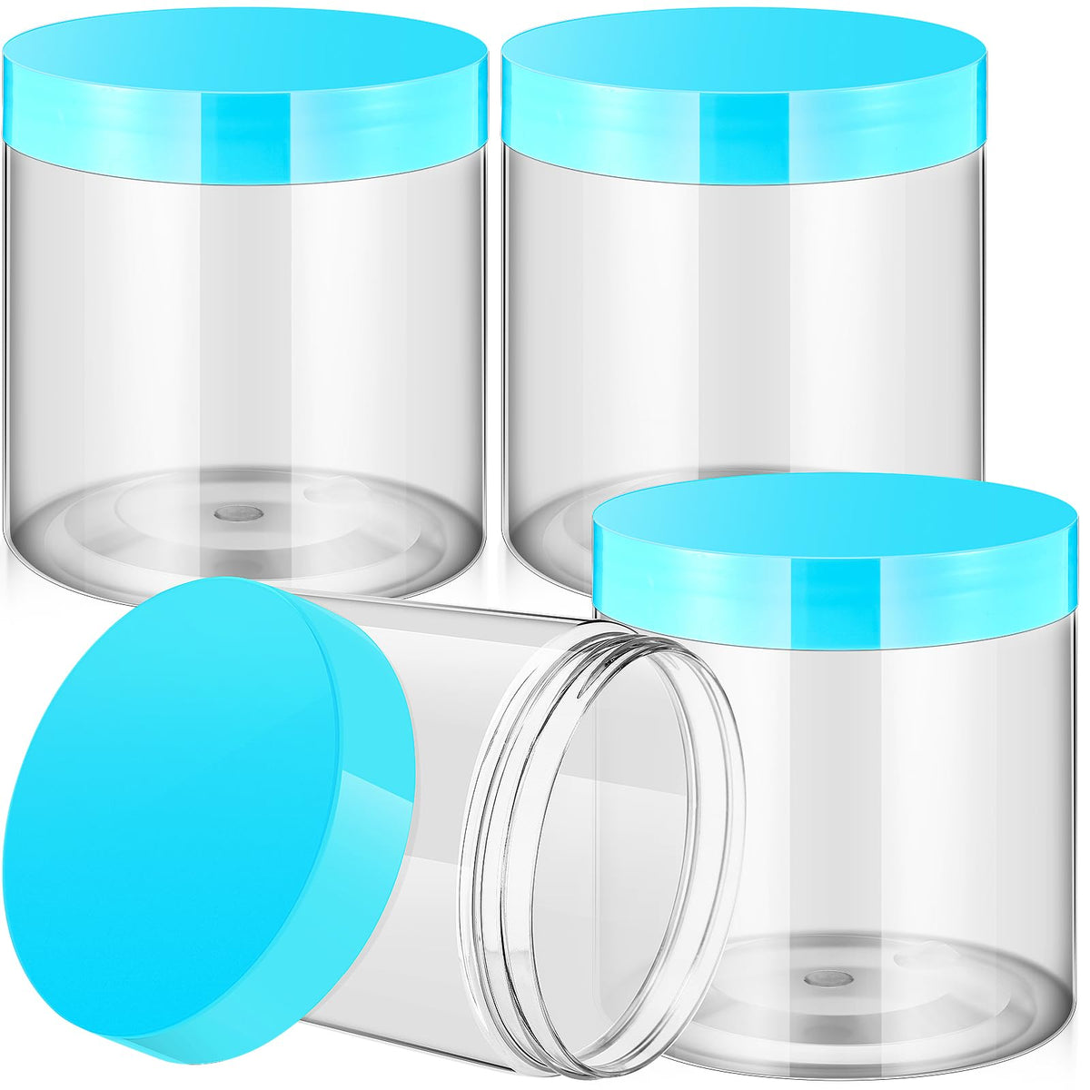 Pots ronds en plastique Patelai avec couvercles bleus, vue de face