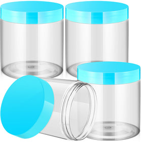 Pots ronds en plastique Patelai avec couvercles bleus, vue de face