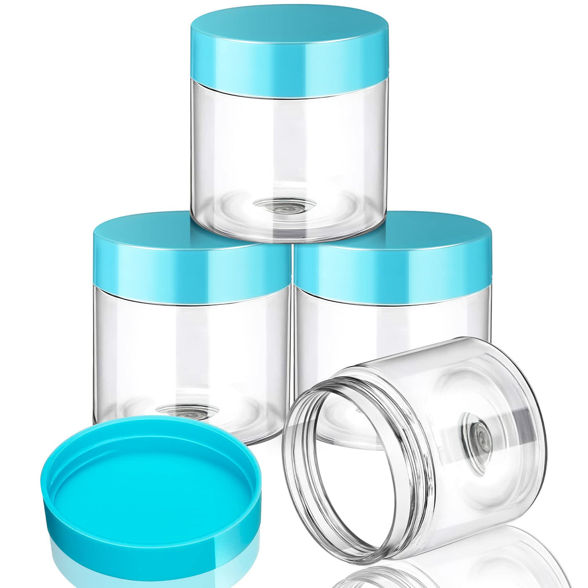 Pots ronds en plastique Patelai avec couvercles bleus, vue de face
