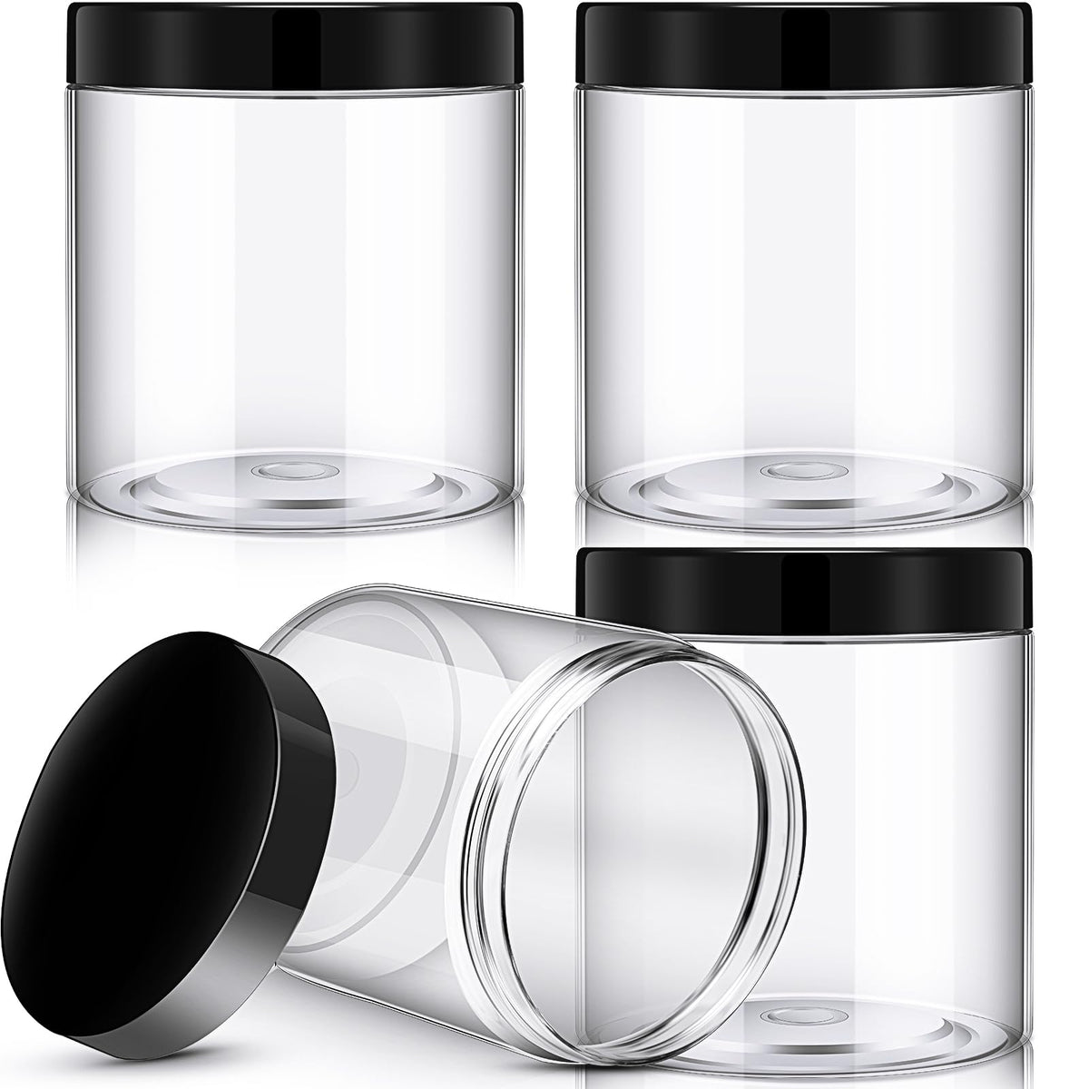 Pots ronds en plastique Patelai avec couvercles noirs, vue de face