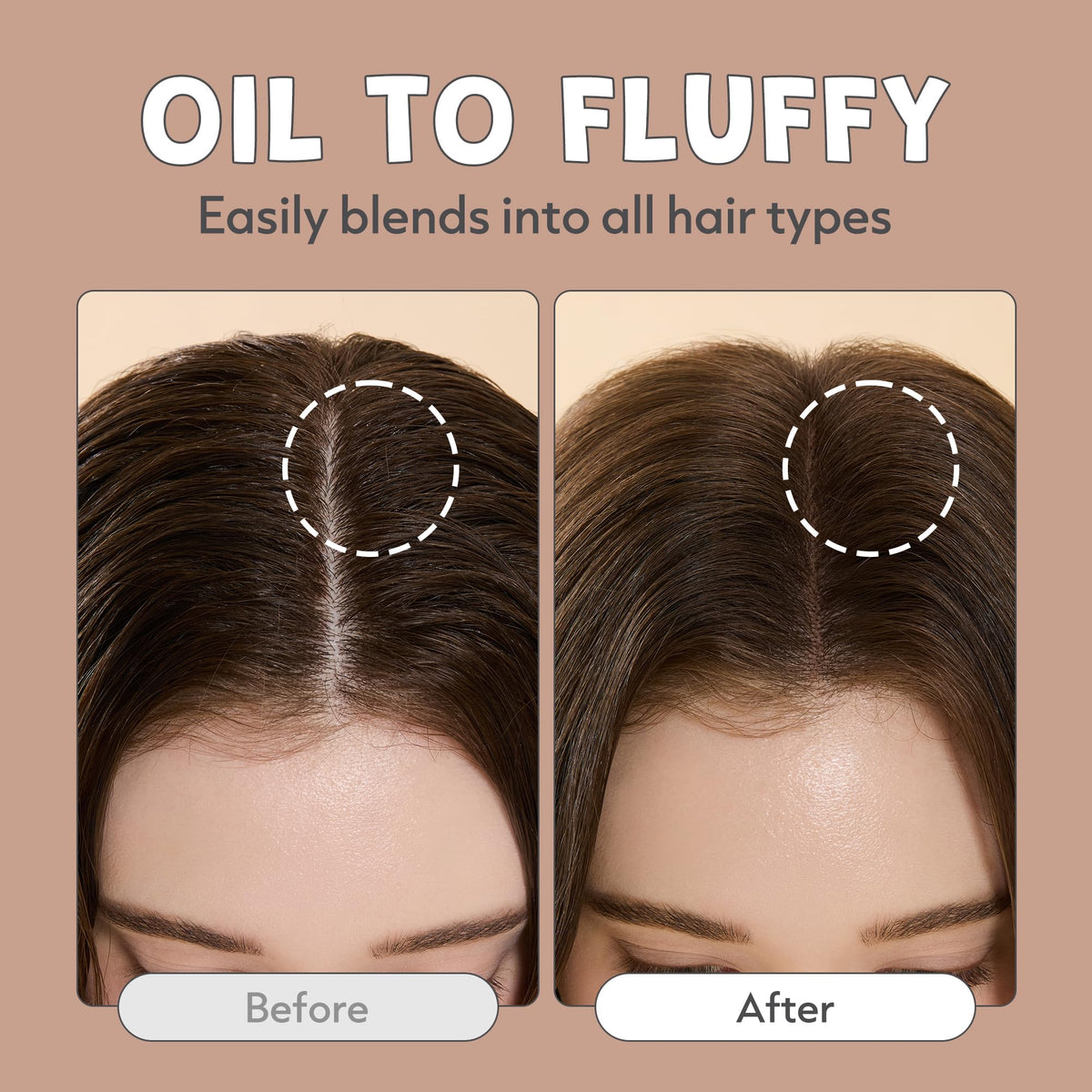 Poudre de shampooing sec I DEW CARE en application sur les cheveux