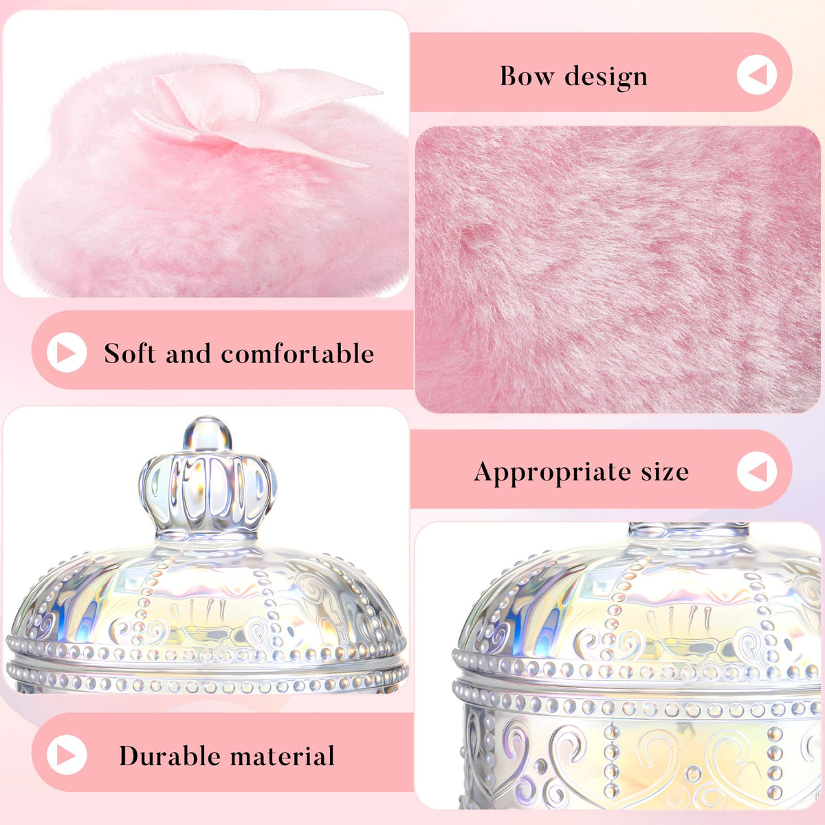 Poudres puff Tioncy sur une table avec accessoires de beauté