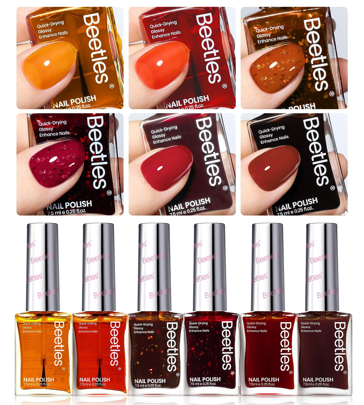 Présentation de 6 couleurs de vernis à ongles Beetles sur table