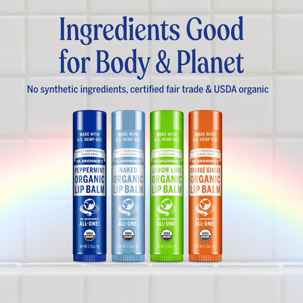Présentation des baumes à lèvres Dr. Bronner's en pack